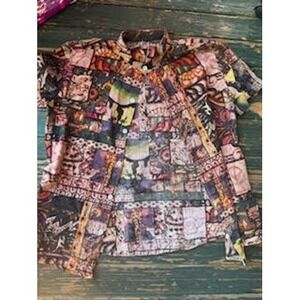 Vintage Style Patchwork Abstract Print Button Down Short Sleeve Shirt Multicolor